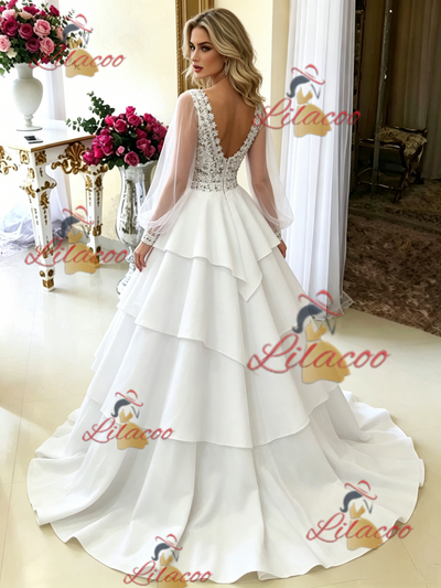 White V-neck Long Sleeve Wedding Dress