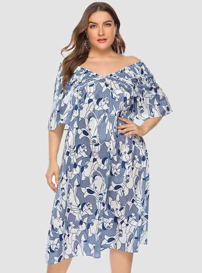 Printed V-neck Lace-up Short-sleeved Dress