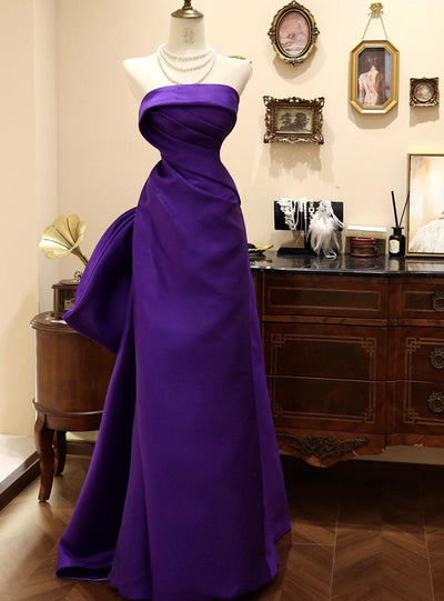 Purple Satin Strapless Pleats Prom Dress