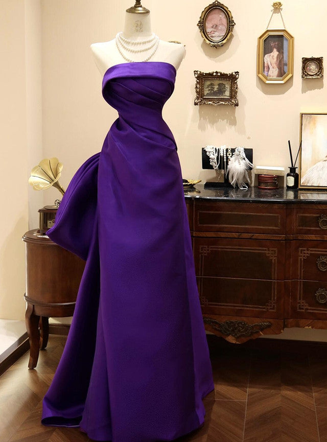 Purple Satin Strapless Pleats Prom Dress