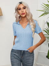Twist Lapel Short Sleeve Sweater Short Top