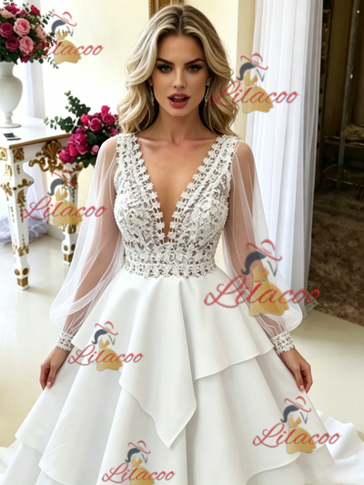 White V-neck Long Sleeve Wedding Dress