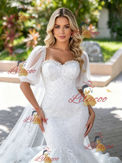 White Mermaid Tulle Appliques Puff Sleeve Wedding Dress