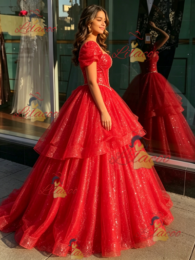 Red Sequins Beading Quinceanera Dress