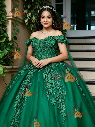 Green Tulle Off the Shoulder Appliques Quinceanera Dress