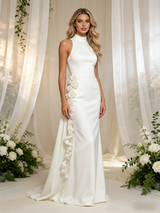 White Sheath Satin High Neck Flower Wedding Dress