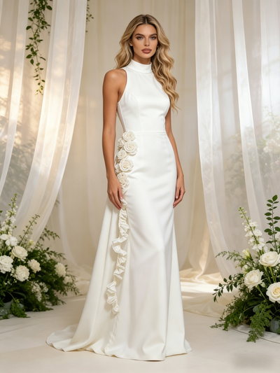 White Sheath Satin High Neck Flower Wedding Dress