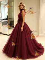 Burgundy Tulle High Neck Flower Prom Dress