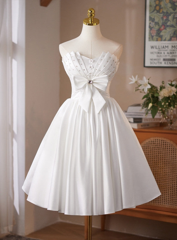 White Satin Strapless Pleats Bow Wedding Dress