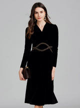 Long Sleeve Chain Beaded Velvet Dress