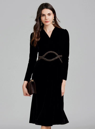 Long Sleeve Chain Beaded Velvet Dress