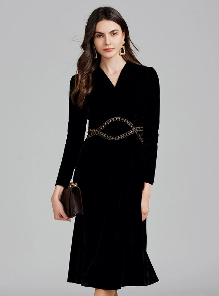 Long Sleeve Chain Beaded Velvet Dress