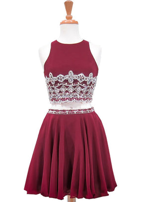 Burgundy Two Piece Beading Homecoming Dress