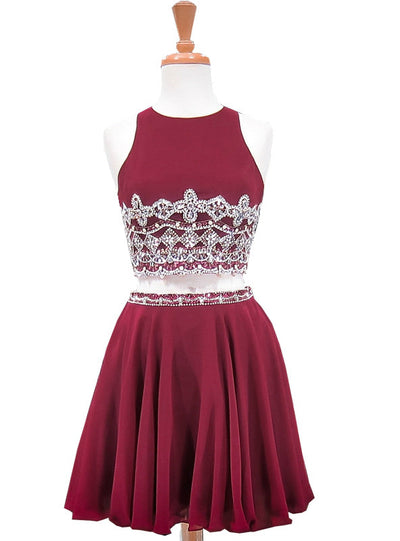 Burgundy Two Piece Beading Homecoming Dress