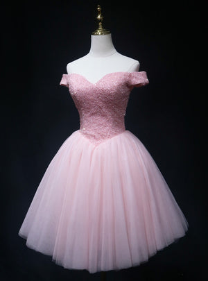 Pink Tulle Off the Shoulder Beading Homecoming Dress