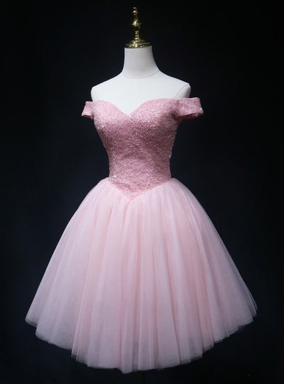 Pink Tulle Off the Shoulder Beading Homecoming Dress