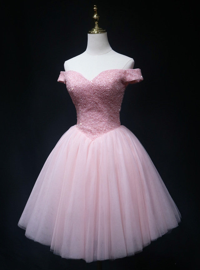 Pink Tulle Off the Shoulder Beading Homecoming Dress