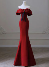 Burgundy Mermaid Off the Shoulder Pearls Prom Dress