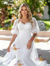 White Mermaid Tulle Appliques Puff Sleeve Wedding Dress