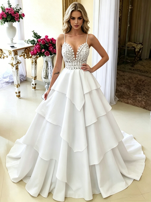 White Spaghetti Straps Lace Wedding Dress