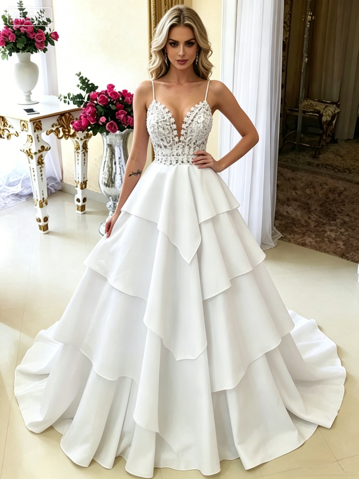 White Spaghetti Straps Lace Wedding Dress
