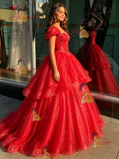 Red Sequins Beading Quinceanera Dress