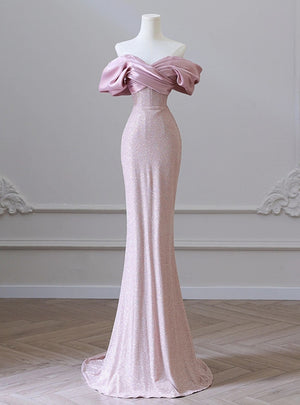 Pink Mermaid Off the Shoulder Pleats Prom Dress
