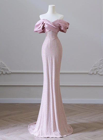 Pink Mermaid Off the Shoulder Pleats Prom Dress