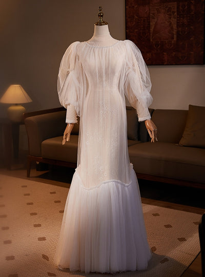 White Mermaid Lace Tulle Long Sleeve Wedding Dress