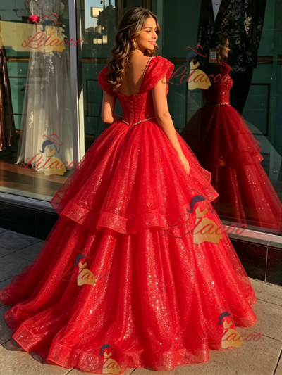 Red Sequins Beading Quinceanera Dress
