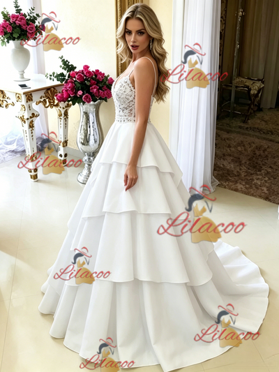 White Spaghetti Straps Lace Wedding Dress