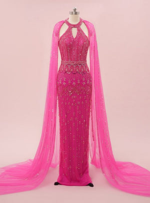 Fuchsia Mermaid Tulle Halter Beading Sequins Prom Dress