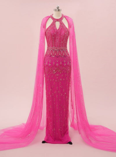 Fuchsia Mermaid Tulle Halter Beading Sequins Prom Dress