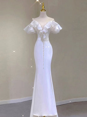 Sexy White Mermaid Pearls Wedding Dress