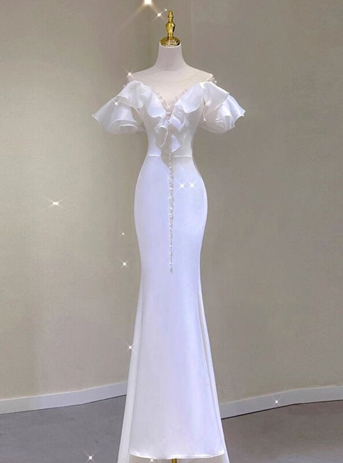 Sexy White Mermaid Pearls Wedding Dress