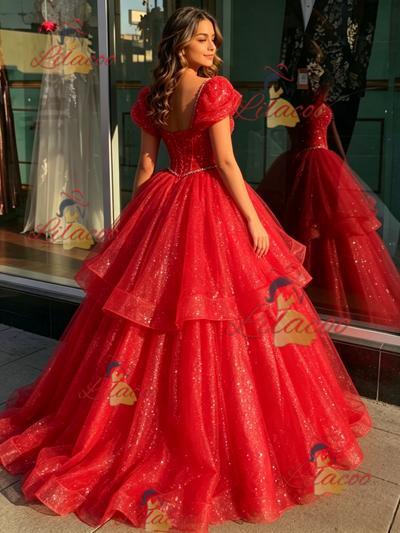 Red Sequins Beading Quinceanera Dress