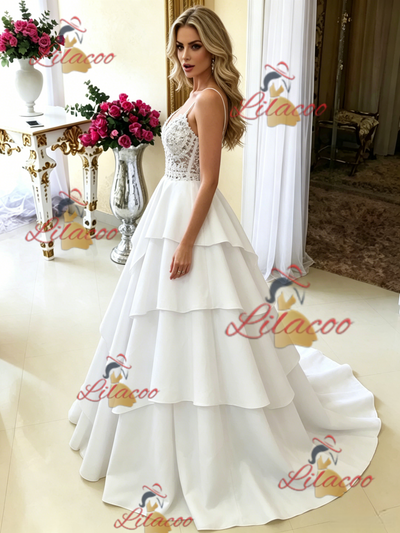 White Spaghetti Straps Lace Wedding Dress