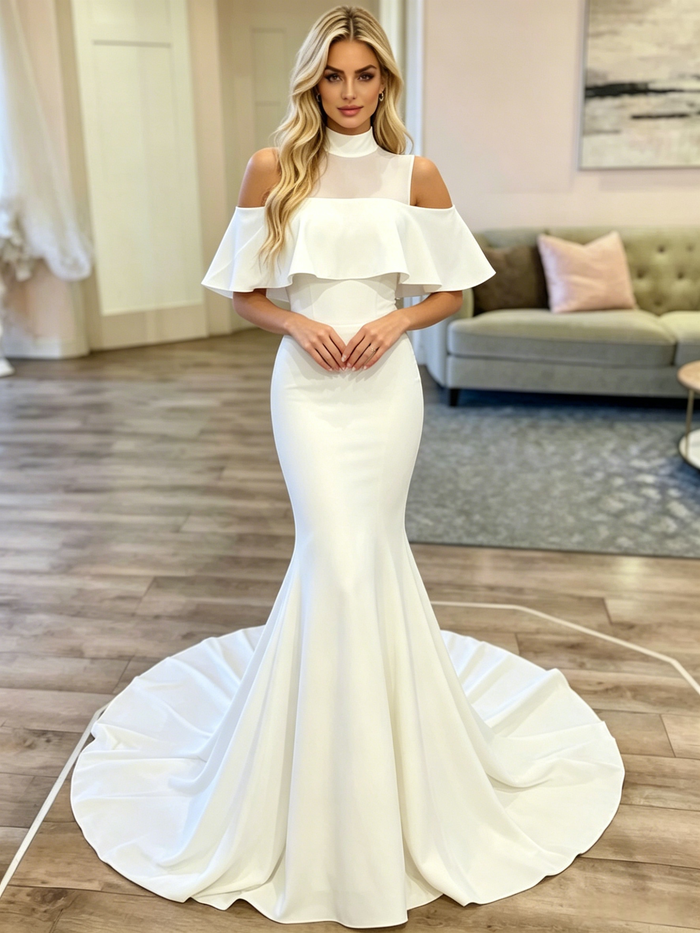 White Mermaid High Neck Wedding Dress