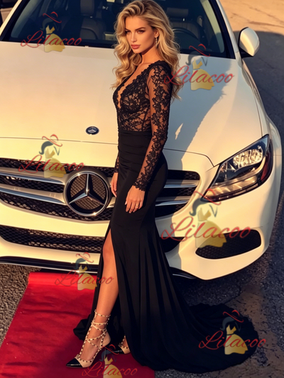 Black Mermaid V-neck Lace Prom Dress