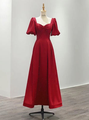 Burgundy Satin Puff Sleeve Pearls Prom Dress