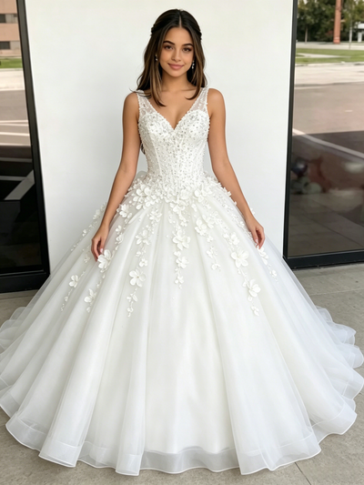 White Tulle V-neck Appliques Quinceanera Dress