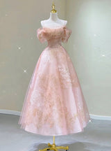 Pink Tulle Lace Straps Prom Dress