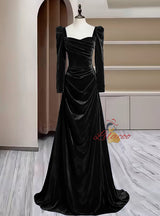 Burgundy Velvet Long Sleeve Pleats Prom Dress