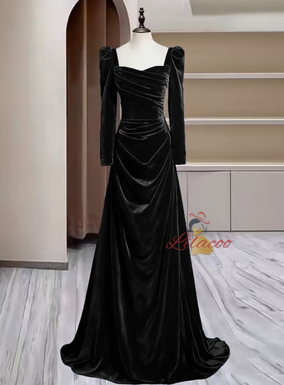 Burgundy Velvet Long Sleeve Pleats Prom Dress