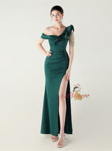 Mermaid One Shoulder Beading Split Prom Dress