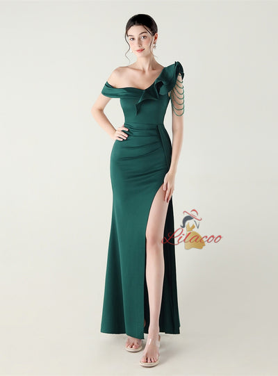 Mermaid One Shoulder Beading Split Prom Dress