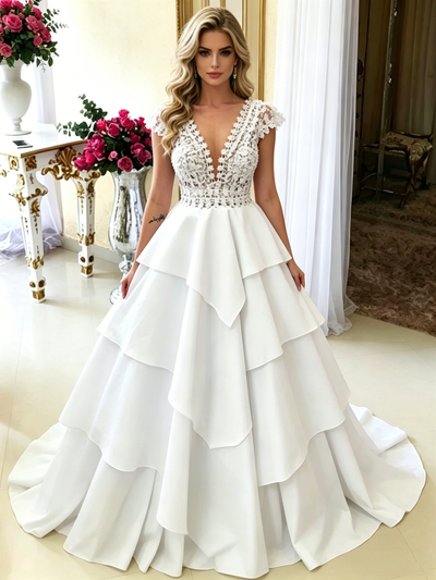 White V-neck Lace Wedding Dress