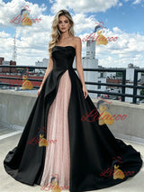 Black Satin Pink Tulle Strapless Prom Dress