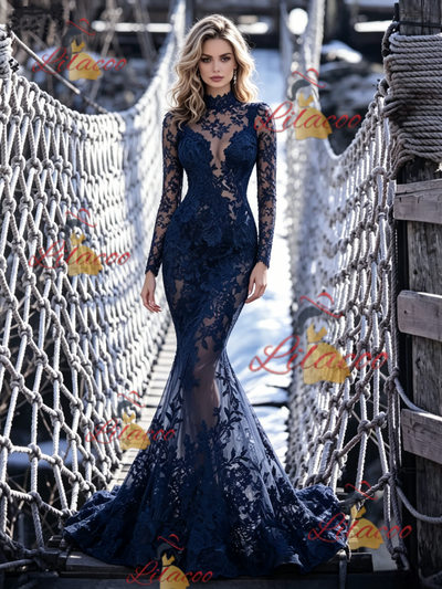 Navy Blue Mermaid Lace Prom Dress