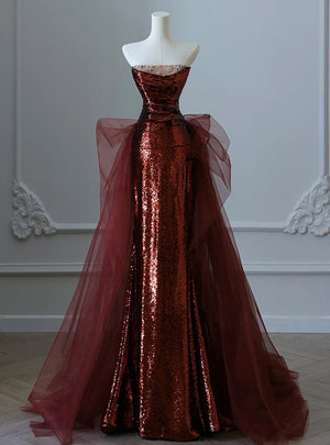Burgundy Mermaid Sequins Tulle Crystal Prom Dress